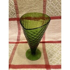 Ice Cream Dessert Dish Vintage Waffle Cone Pattern Green Glass 6.5 Inch